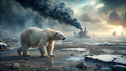 Türaufkleber Polar bear threatened by climate change, global warming and ice melting, walking on a polluted land in a toxic atmosphere - Generative AI © Алишер