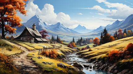 A captivating village nestled in the valley, smoke rising from chimneys of cozy homes, surrounded by vibrant autumn foliage, a moment frozen in HD detail against the backdrop of a clear sky.