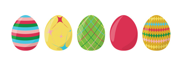 PrintHappy Easter Set colorful eggs with different texture Spring holiday Vector Illustration Cartoon Colored egg with different ornaments Paschal object collection Decorative elements Yellow pink gre