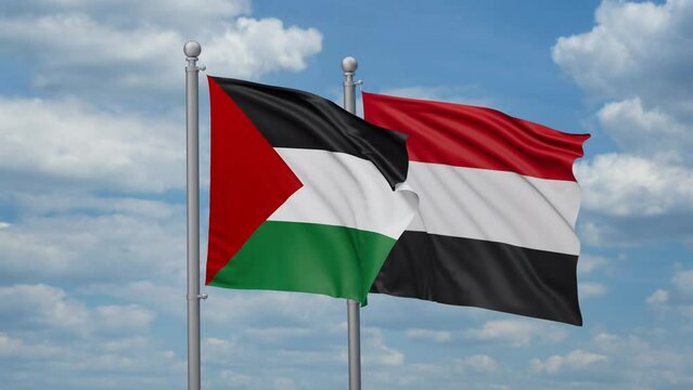 Yemen and Palestine two flags waving together, looped video, two country cooperation concept
