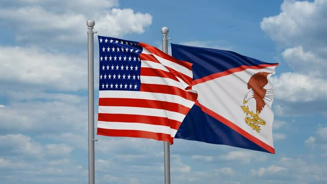 United States and American Samoa flags waving together, looped video