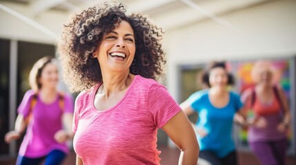 A group of beautiful Cheerful middle-aged Women, Friends enjoy fun energetic zumba dancing in the gym. Training, Coach, Sports, Fitness, Motivation, Healthy Active Lifestyle concepts. - obrazy, fototapety, plakaty