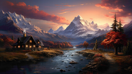 A charming village nestled at the foot of snow-capped mountains, the alpenglow casting a warm hue...