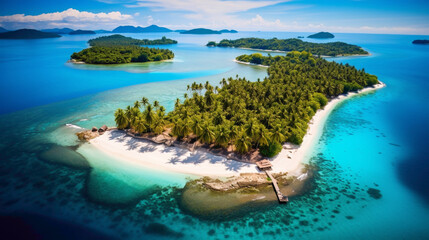 A breathtaking aerial view of a tropical paradise, featuring turquoise waters, pristine white-sand...