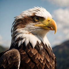 Obraz premium Portrait of a bald eagle. Head of serious concentrated bald eagle attentively looking around. Bald Headed Eagle, close up shot with blurred background