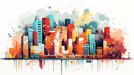Abstract Urban Dreamscape with Vibrant Splashes
