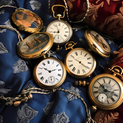 A collection of antique watches on a velvet cushion