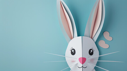 cute white bunny face in papercut style. background of colorful papercut animal