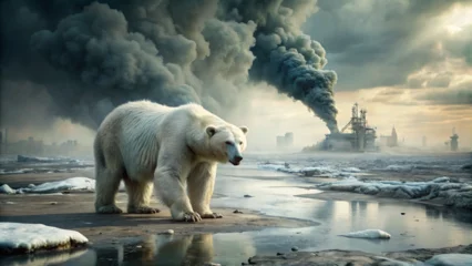 Foto op Canvas Polar bear threatened by climate change, global warming and ice melting, walking on a polluted land in a toxic atmosphere - Generative AI © Алишер