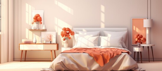 The image shows a contemporary bedroom featuring a sleek bed with stylish sheets and a cozy blanket. Two nightstands flank the bed, adorned with elegant accessories. A window brings in natural light,