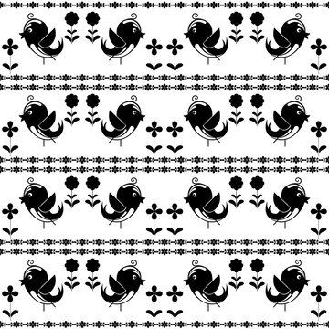 White and black cartoon tile with birds..Seamless baby pattern for print as a background.