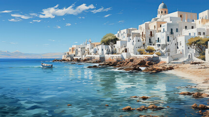 A coastal village with whitewashed houses against a backdrop of azure waters, fishing boats bobbing...