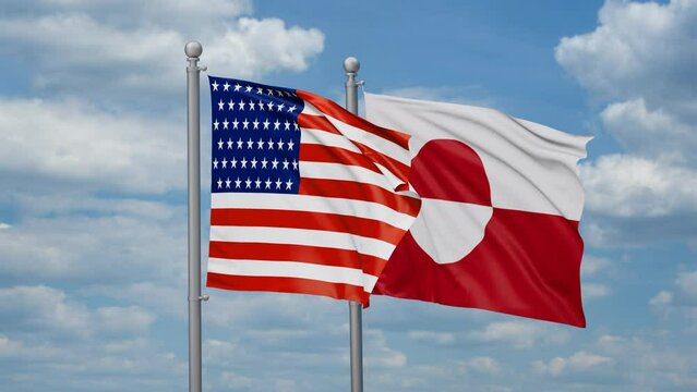 Greenland and United States two flags waving together, looped video, two country relations concept