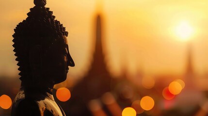 Waisak day concept: Sepia tone, silhouette Budha with blurred tourist attraction on sunset...