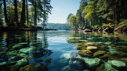 A crystal-clear lake nestled in the heart of a dense forest, reflecting the lush greenery and a...