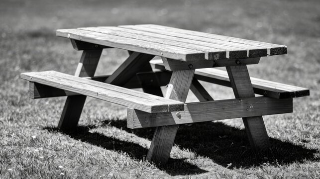  a black and white photo of a picnic table in the grass with the shadow of the picnic table on the grass.