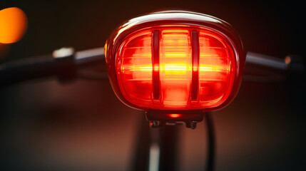 Red illuminated bicycle tail light in closeup