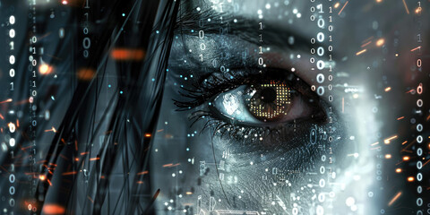 A close up of an eye on the right side of the frame, surrounded by digital code and binary numbers with a tech background