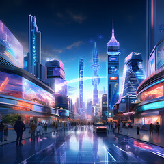 A futuristic cityscape with holographic billboards - obrazy, fototapety, plakaty