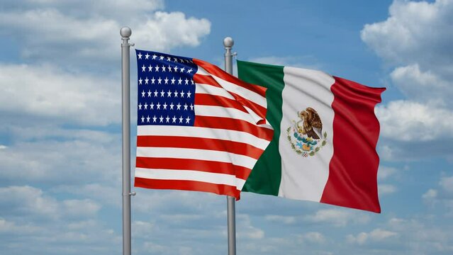 Mexico and United States two flags waving together, looped video, two country relations concept