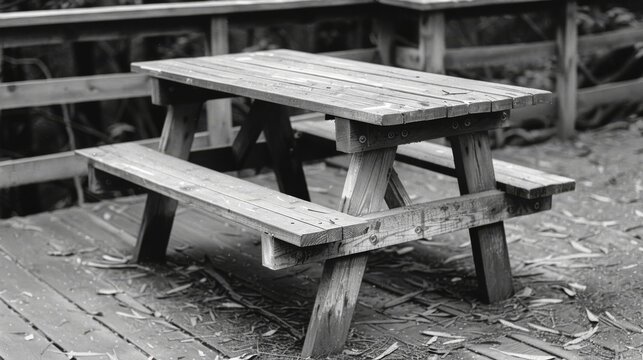  a black and white photo of a picnic table on a wooden deck in front of a fenced in area.