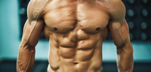 A man with a muscular chest and arms is posing for a picture