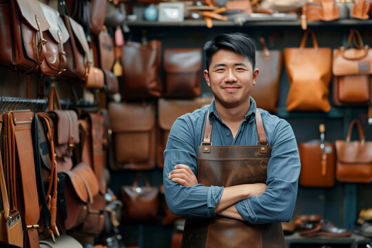 Smiling young Asian man standing in his leather store. Entrepreneur, business owner and SME concept - Powered by Adobe