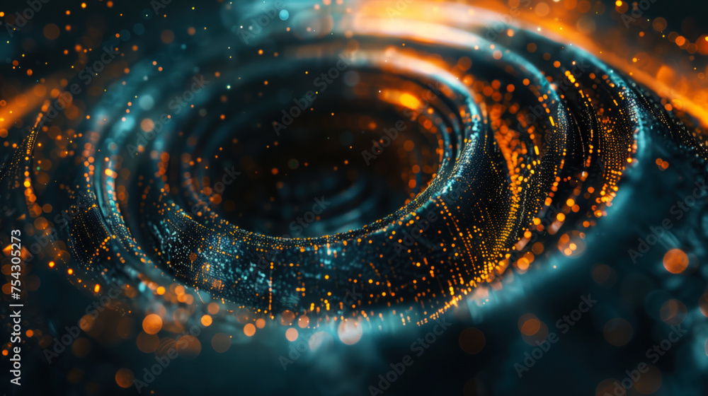 Poster swirling digital vortex with neon particles and circuit lines.
