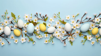 Easter Eggs and Branch of Flowers on Blurred Background. Top View with Copy Space for Easter Sunday Celebration Greeting Card or Banner