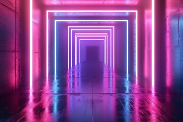 Neon-Lit Tunnel With Long Hallway
