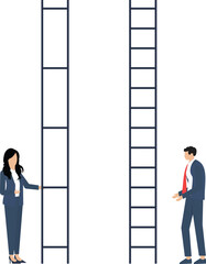 Gender equality. businessman and businesswoman stand at career ladder, different opportunities in company, Female discrimination, injustice and sexism symbol feminism and women rights vector concept

