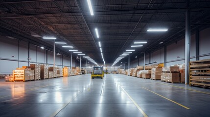 Generative AI, Warehouse interior with LED lighting, industry building, distribution retail center, part of storage and shipping system..