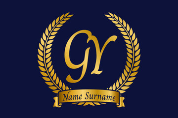 Initial letter G and Y, GY monogram logo design with laurel wreath. Luxury golden calligraphy font.