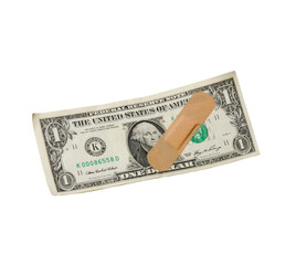 One dollar bill with adhesive band aid isolated on transparent layered background. - 754305612