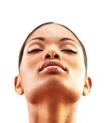 Afro American eyes closed woman on transparent layered background. - 754305644