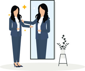 Self esteem or self care, believe in yourself improving confident, respect in your strong attitude concept, frustrated businesswoman looking at mirror with his shadow encourage her confidence

