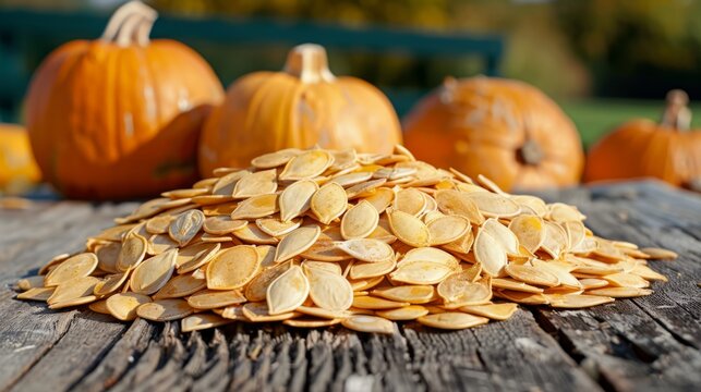  a pile of pumpkin seeds sitting on top of a wooden table next to pumpkins on the side of the table.