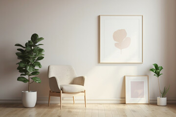 Naklejka premium A clean, white frame against beige and Scandinavian tones on a wall, with a glimpse of a modern living room - plain walls, wooden floor, and a hint of a potted plant.