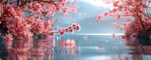 Obraz na płótnie Canvas Embraced by Serene Cherry Blossoms: A Tranquil Scene by the Lake. Concept Cherry Blossoms, Tranquil Scene, Lake, Serene, Outdoor Photoshoot