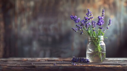 Lavender in Jar on Wooden Table with Soft Lighting, To convey a sense of tranquility and natures...