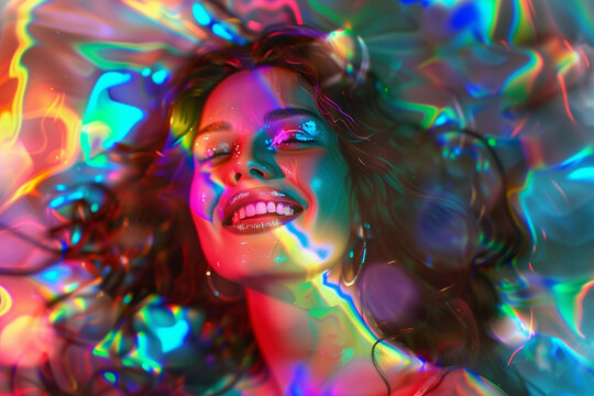 smiling, enjoying woman, on a gradient background, at a party, bright colors, gradient, colorful surreal illustration