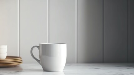 Generative AI, White ceramic cup set-up in at home interior, mug mock up blank..