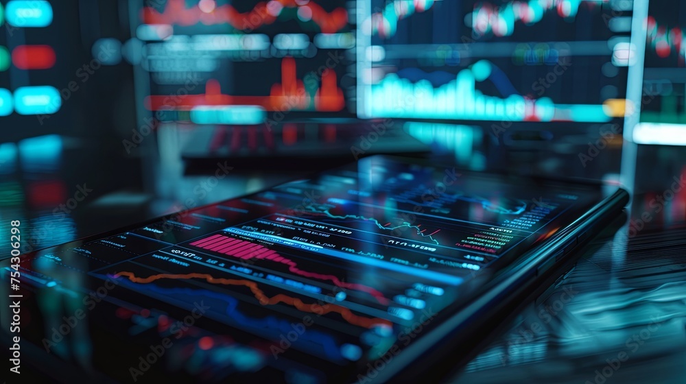 Poster high-tech device displaying complex financial charts an advanced tablet showcasing complex financial