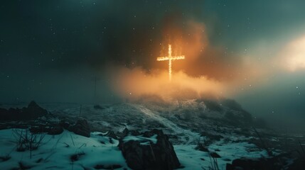 Glowing Cross in Snowy Landscape