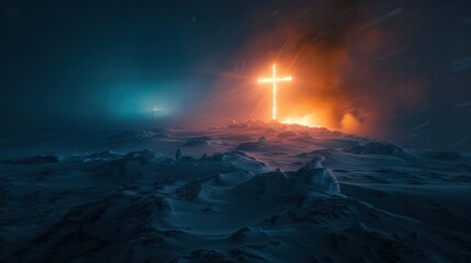 Glowing Cross in Snowy Landscape - obrazy, fototapety, plakaty