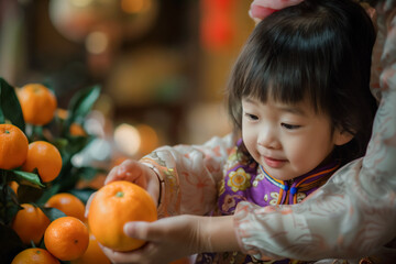 Fototapeta na wymiar Cute Asian little girl passes a mandarin orange to her grandmother as a symbol of luck during Chinese New Year. Lunar New Year greetings and blessings.