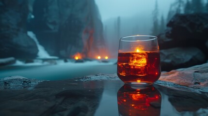  a glass filled with liquid sitting on top of a table next to a body of water with rocks in the background.