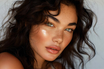 Portrait of a glamorous woman model showcasing fresh daily makeup and a romantic wavy hairstyle. shiny highlighter on her skin, sexy glossy lips makeup, and defined dark eyebrows.
