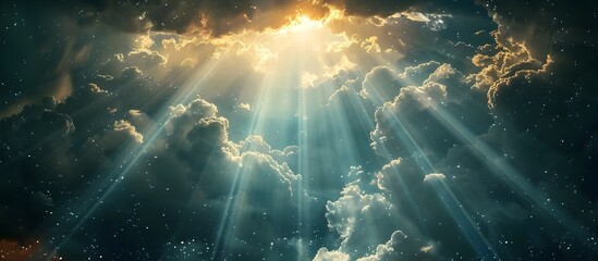 Divine Light Rays Shining through Celestial Clouds in Heaven, Symbolizing Gods Presence