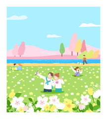 Obraz na płótnie Canvas Spring, picnic, scenery, green, pink, lovers, sightseeing